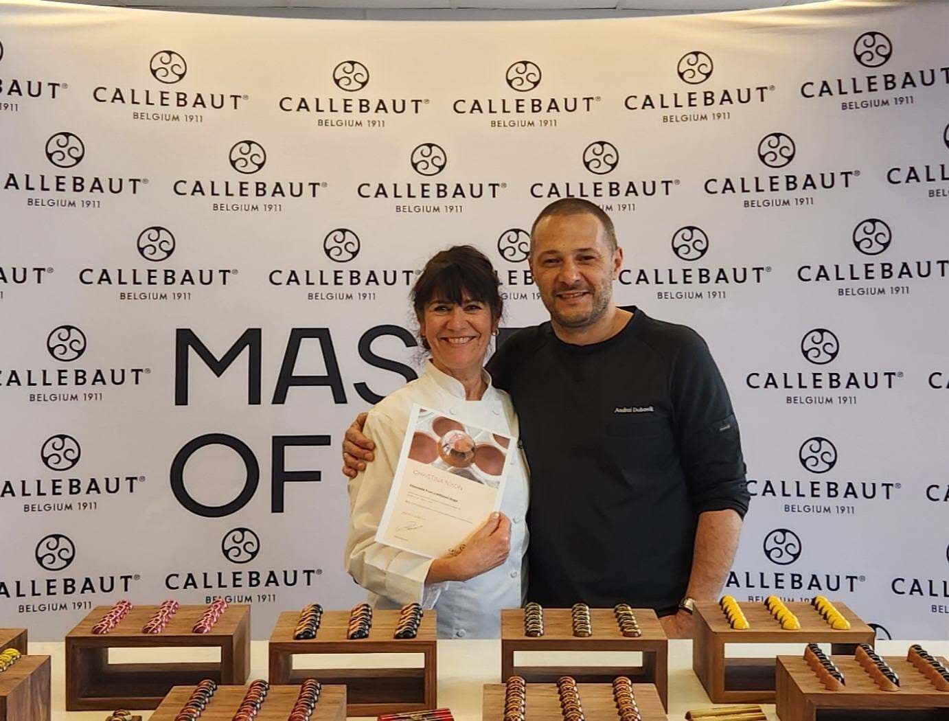 Christina receiving her certificate at the Callebaut Chocolate Academy in Belgium