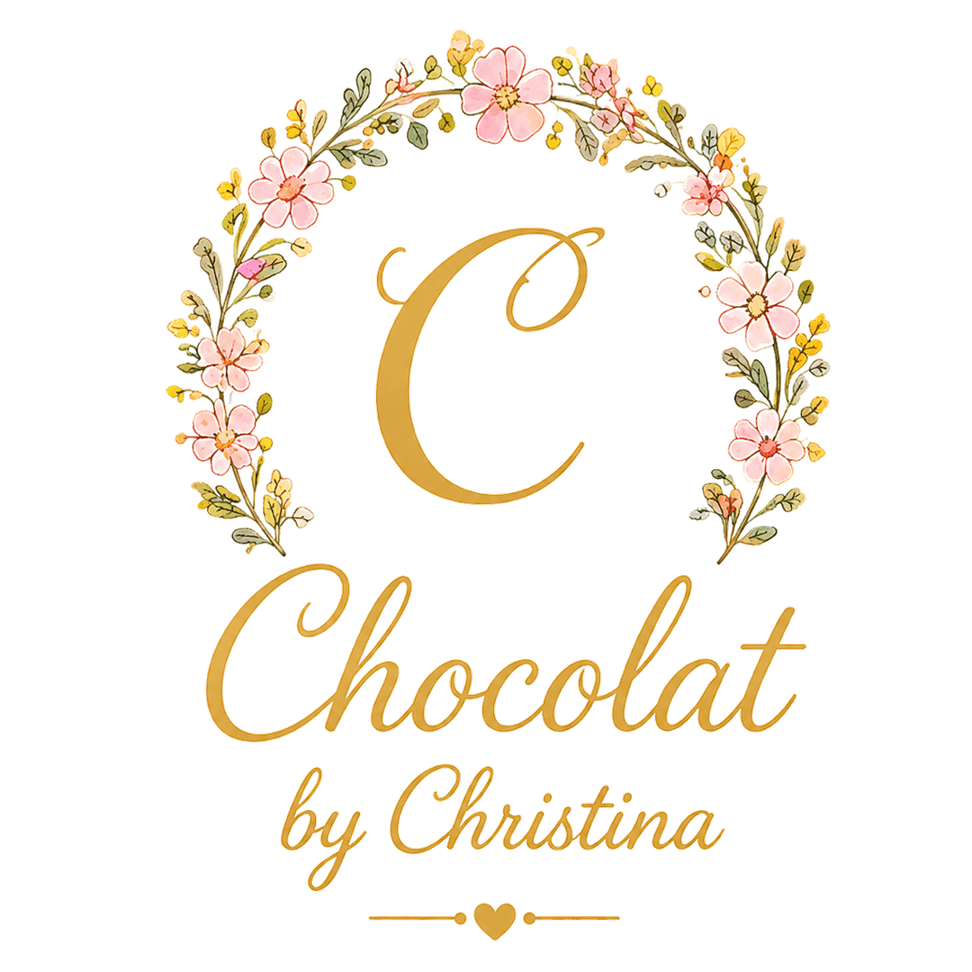 Chocolat by Christina — gold script logo within a floral wreath